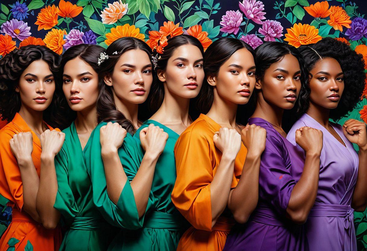 A powerful depiction of confident women in various dominant poses, showcasing strength and unity. The background features vibrant colors symbolizing empowerment, with elements like clenched fists, raised shoulders, and bold expressions. Incorporate motifs of nature like blossoming flowers to symbolize growth and flourishing in female empowerment. super-realistic. vibrant colors. dynamic composition.