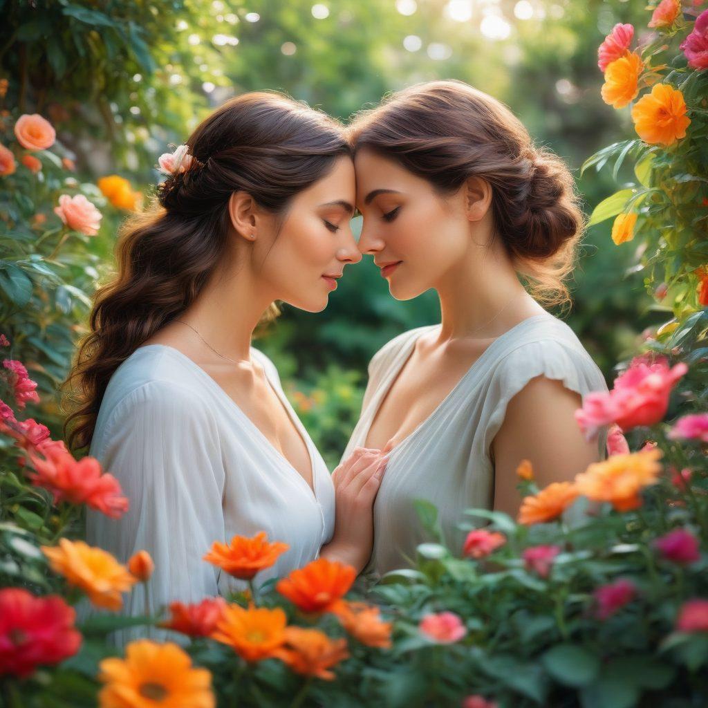 A vibrant scene depicting two women sharing a tender moment in a lush garden, surrounded by colorful flowers symbolizing love and empowerment. Their body language exudes intimacy and trust, with soft sunlight filtering through the leaves, creating a warm atmosphere. In the background, subtle symbols of authority like books and art add depth to their connection. The image captures both romance and strength. super-realistic. vibrant colors. soft focus.