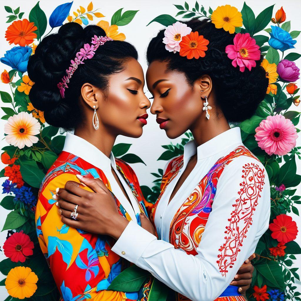 A powerful scene depicting two dominant women confidently embracing each other, dressed in strong, bold outfits. The background showcases an artistic blend of traditional gender symbols, reimagined in vibrant colors, symbolizing the fluidity of gender roles. Surrounding them are elements representing love and strength, like intertwined vines and flowers. The overall mood is uplifting and celebratory, reflecting empowerment and unity. super-realistic. vibrant colors. white background.